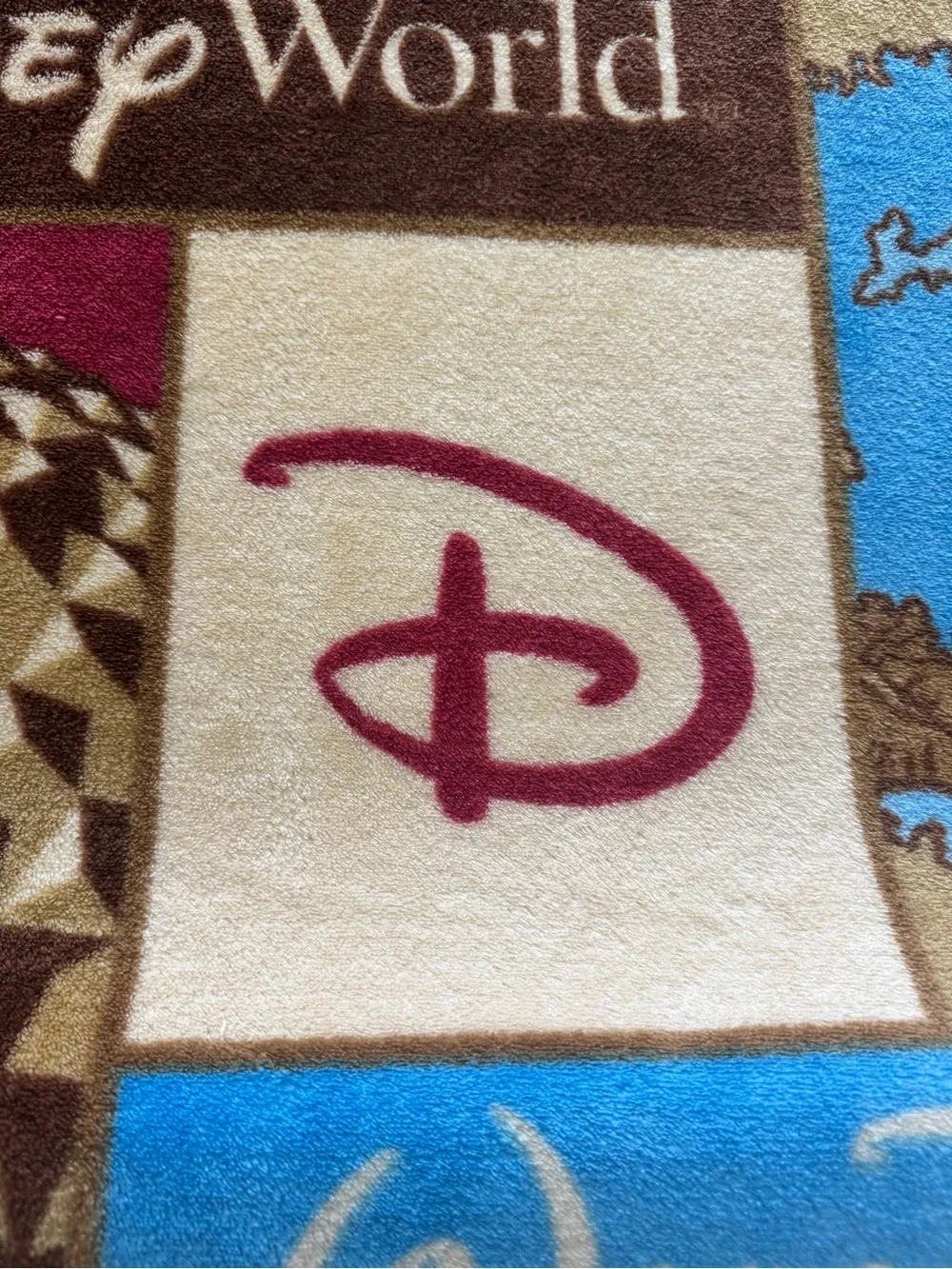 Disney Parks Vintage Patchwork Throw Blanket – Blue, Tan, Brown, Burgundy